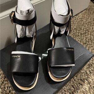 Coach Black Leather Ankle-Strap Platform Sandals with Gold Logo